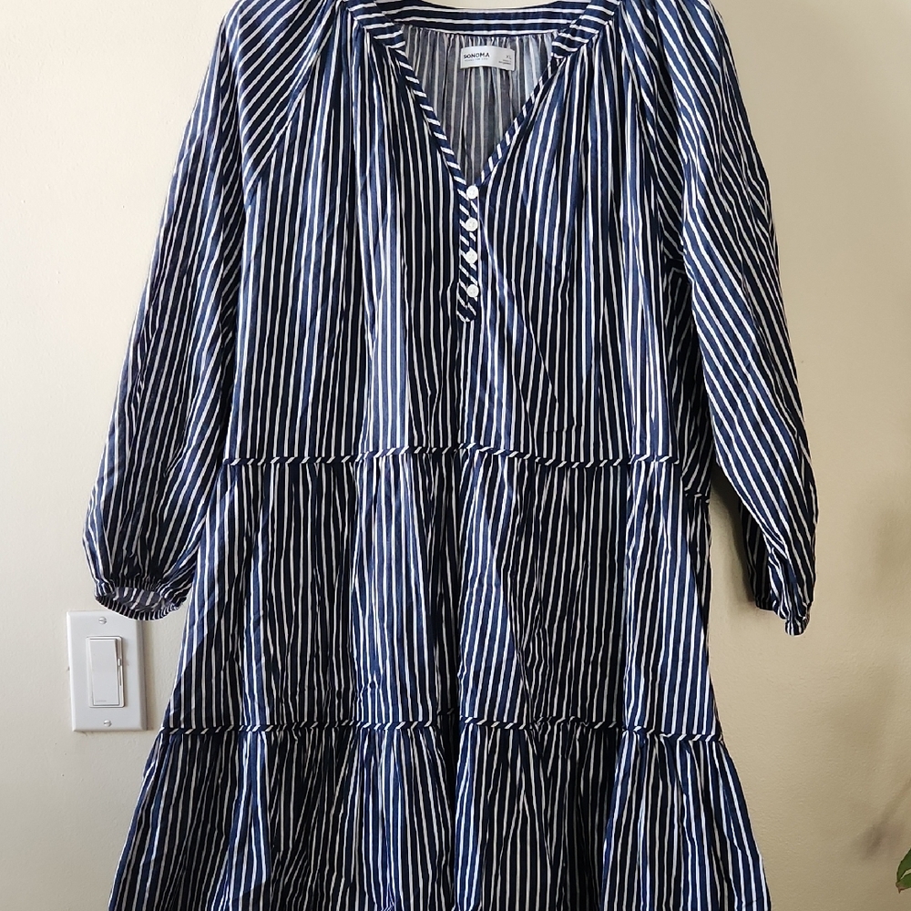 Sonoma Navy and White Striped Long Sleeve Tiered Dress